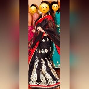 Elegant Black and Red Embroidered Saree